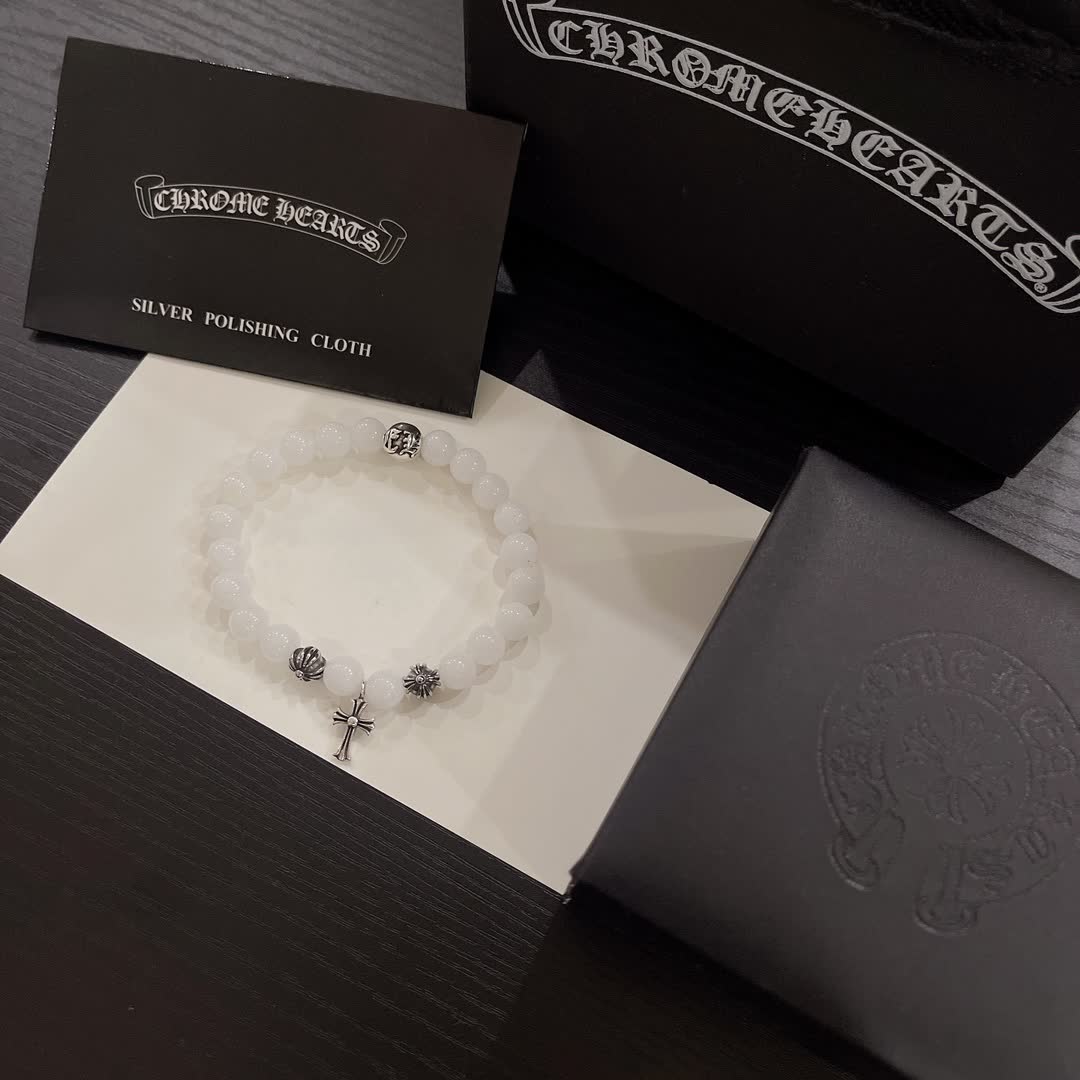 Chrome Hearts White Bead Bracelet with Cross Charm